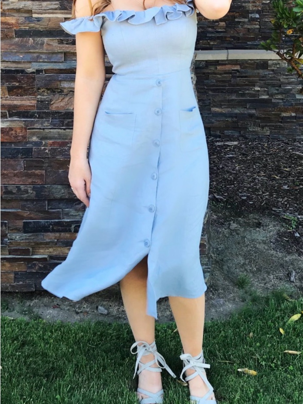 Reformation Light Blue Off-Shoulder Button-Front Midi Skirt